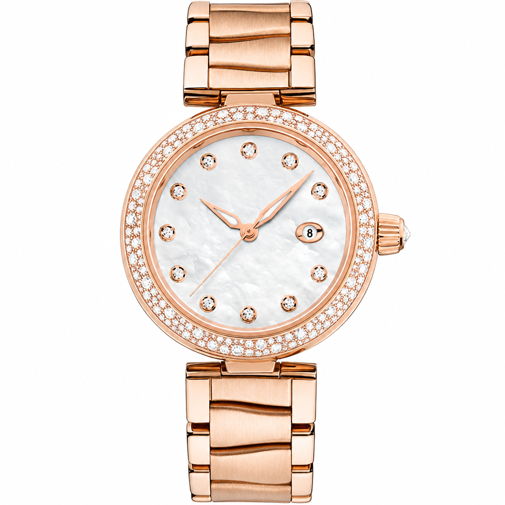 Women's rose gold tone dress watch 34mm with mother-of-pearl dial and crystal markers