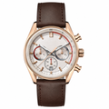 Chronograph watch with rose gold case, white dial, and brown leather strap