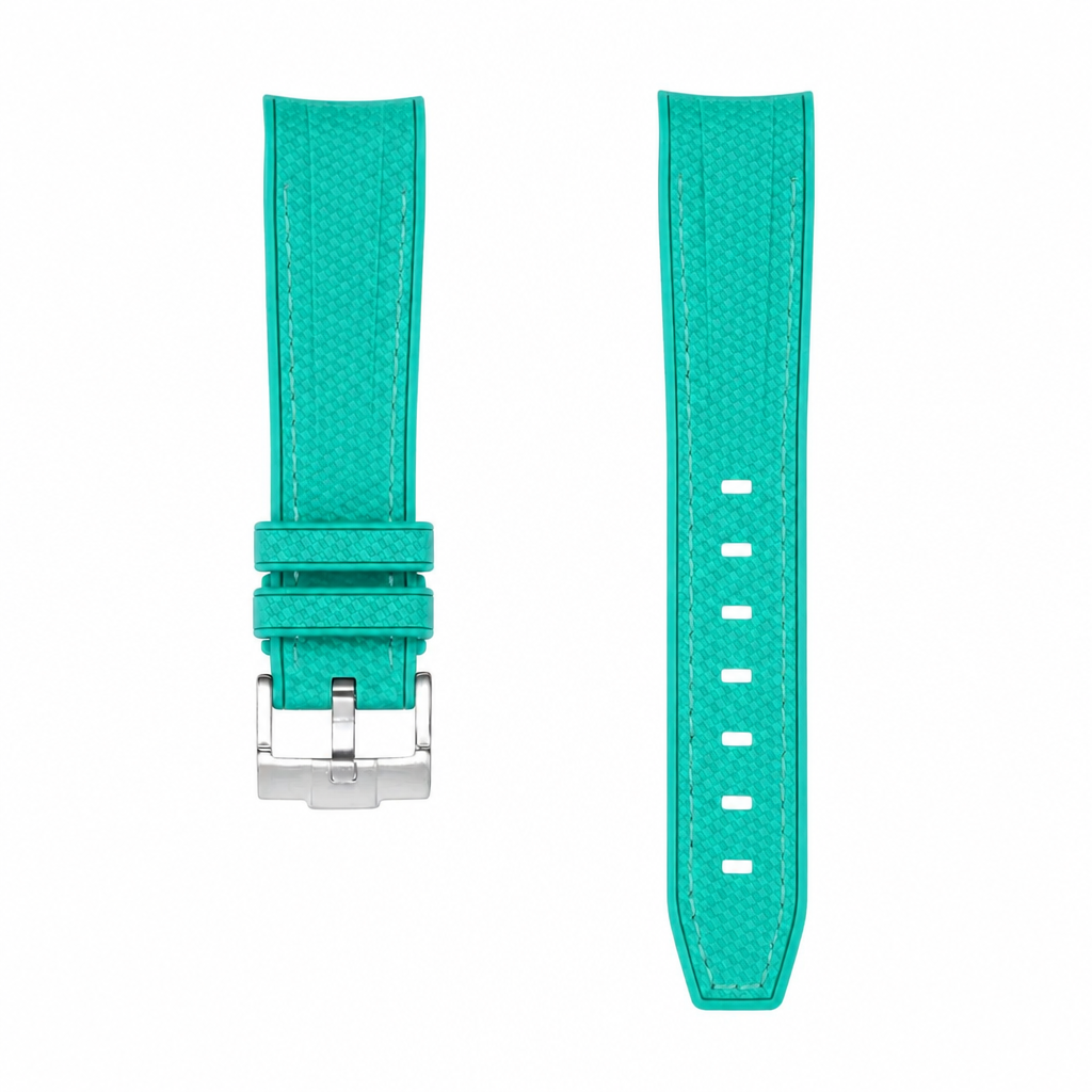 Curved rubber watch strap in cyan with stainless steel buckle