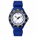 Sport watch with white dial, black bezel, and blue rubber strap on white background