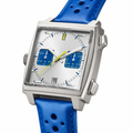 Square silver case watch with blue leather strap and silver dial with blue subdials