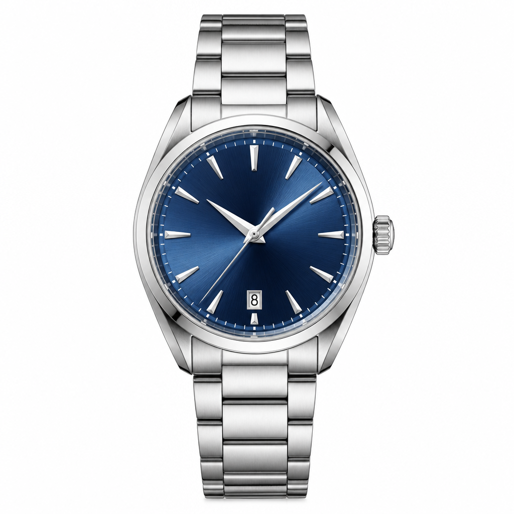 classic watch with blue dial and metal bracelet on white background