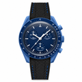 Sport chronograph wristwatch with blue case, blue dial, black strap with blue stitching