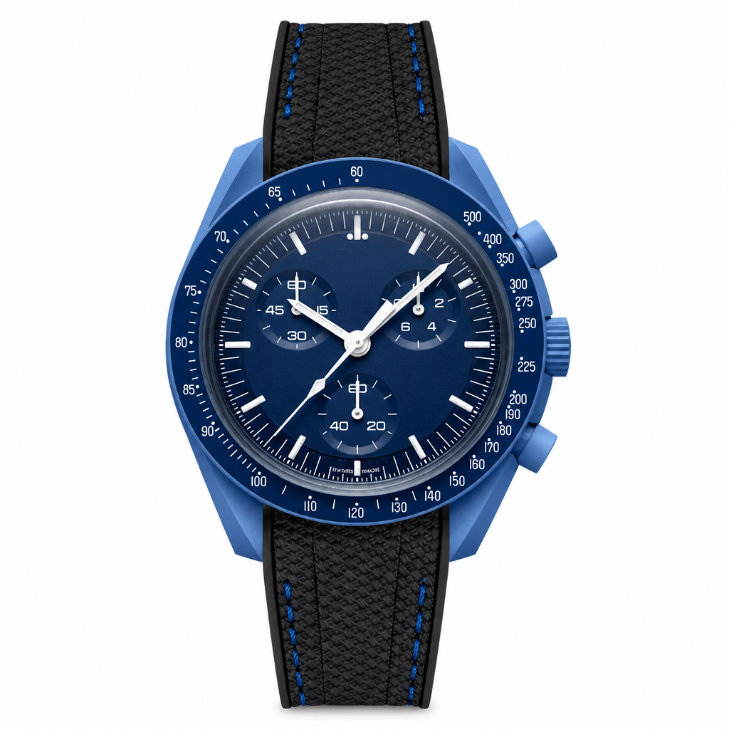 Sport chronograph wristwatch with blue case, blue dial, black strap with blue stitching