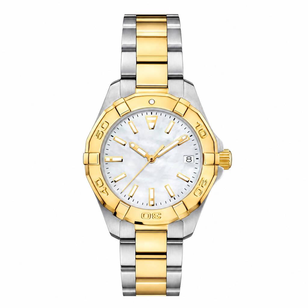 Two-tone silver and gold metal watch with white mother-of-pearl dial and date window