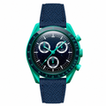 Chronograph watch with navy starry dial, turquoise green case, and navy leather strap