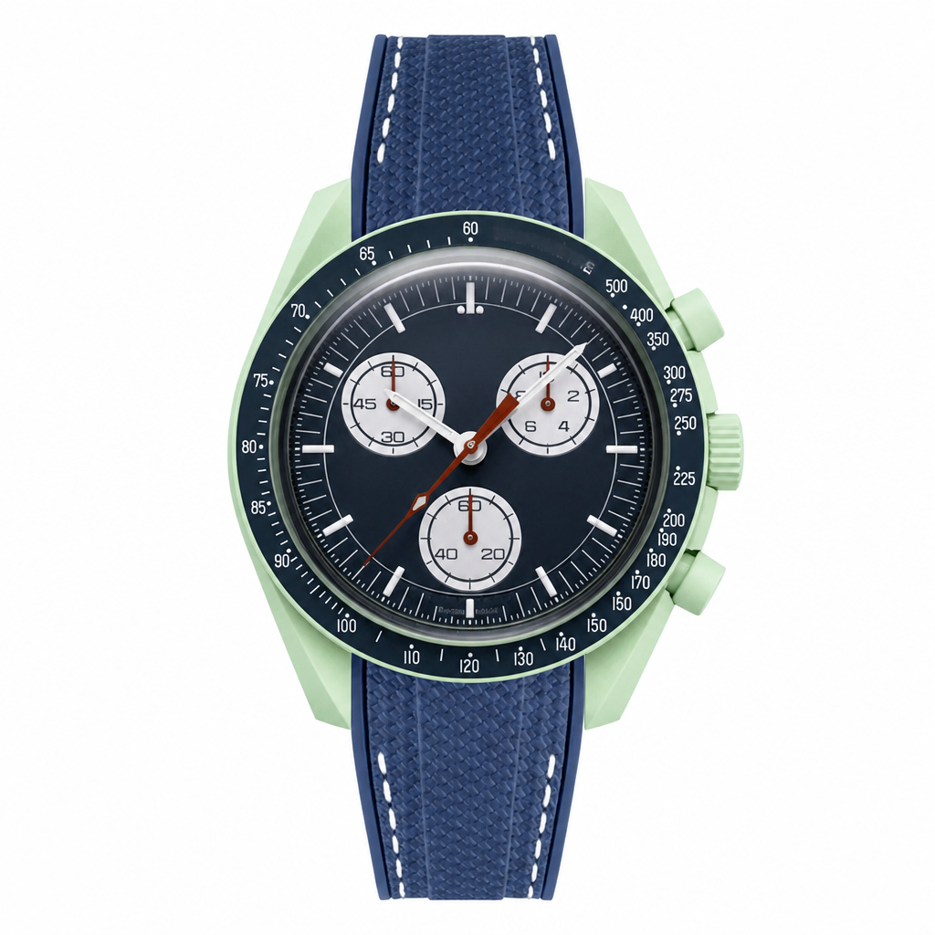 Sport chronograph watch with blue dial, light green case, and blue rubber strap