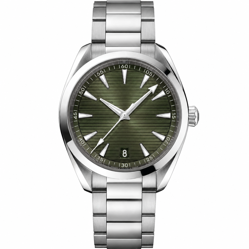 Casual watch with green dial and silver metal bracelet, 41mm case size, product photo