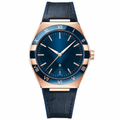 Men's dress watch with blue dial, rose gold case, and blue leather strap