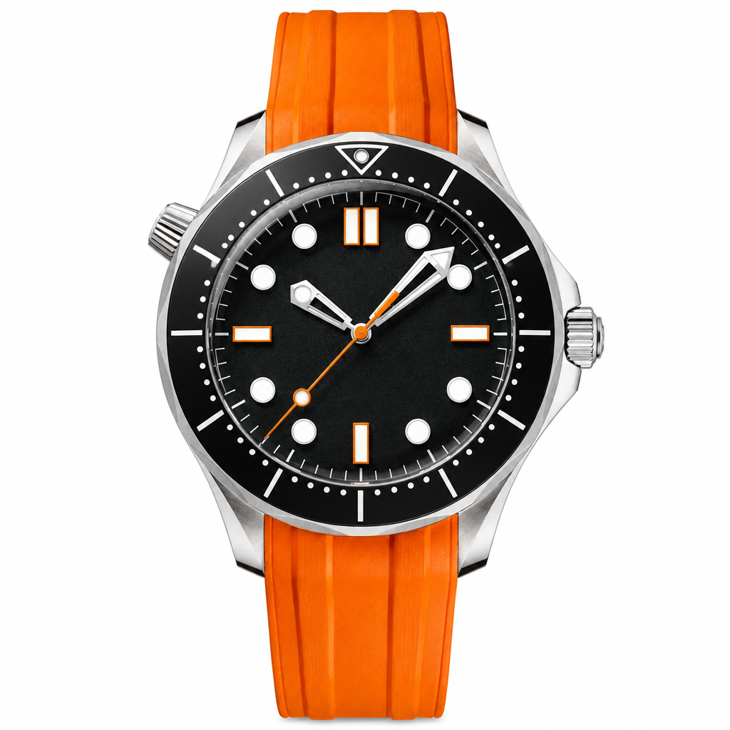 Sport diver watch with black dial and orange rubber strap 42mm