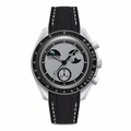 Casual chronograph watch with gray dial and black textile strap with white stitching