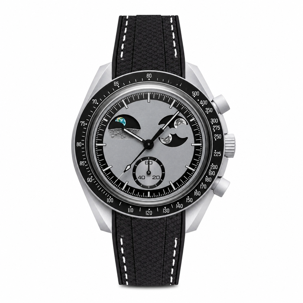 Casual chronograph watch with gray dial and black textile strap with white stitching