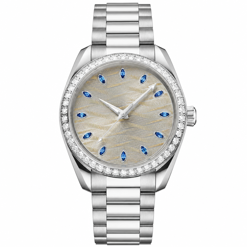 Elegant dress watch with silver case and bracelet, gray dial with blue markers, and embellished bezel