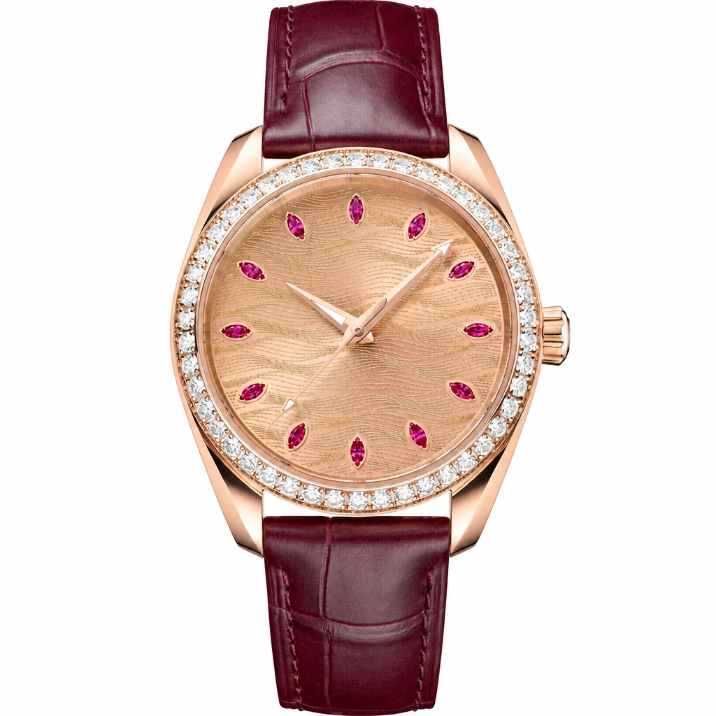 Women's 38mm rose gold tone dress watch with gemstone markers and burgundy leather strap