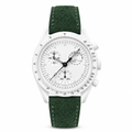 Chronograph watch with white dial and dark green suede strap