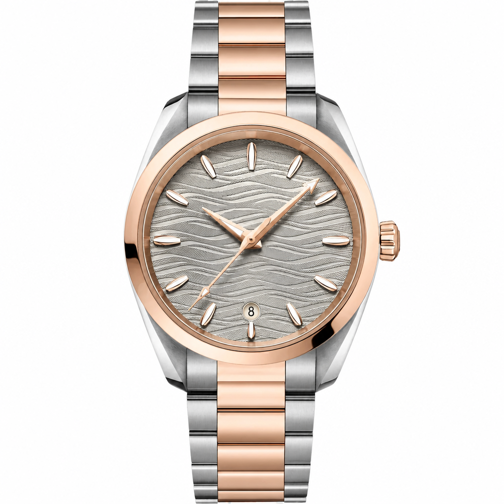 38mm two-tone metal dress watch with patterned light silver dial and rose gold accents