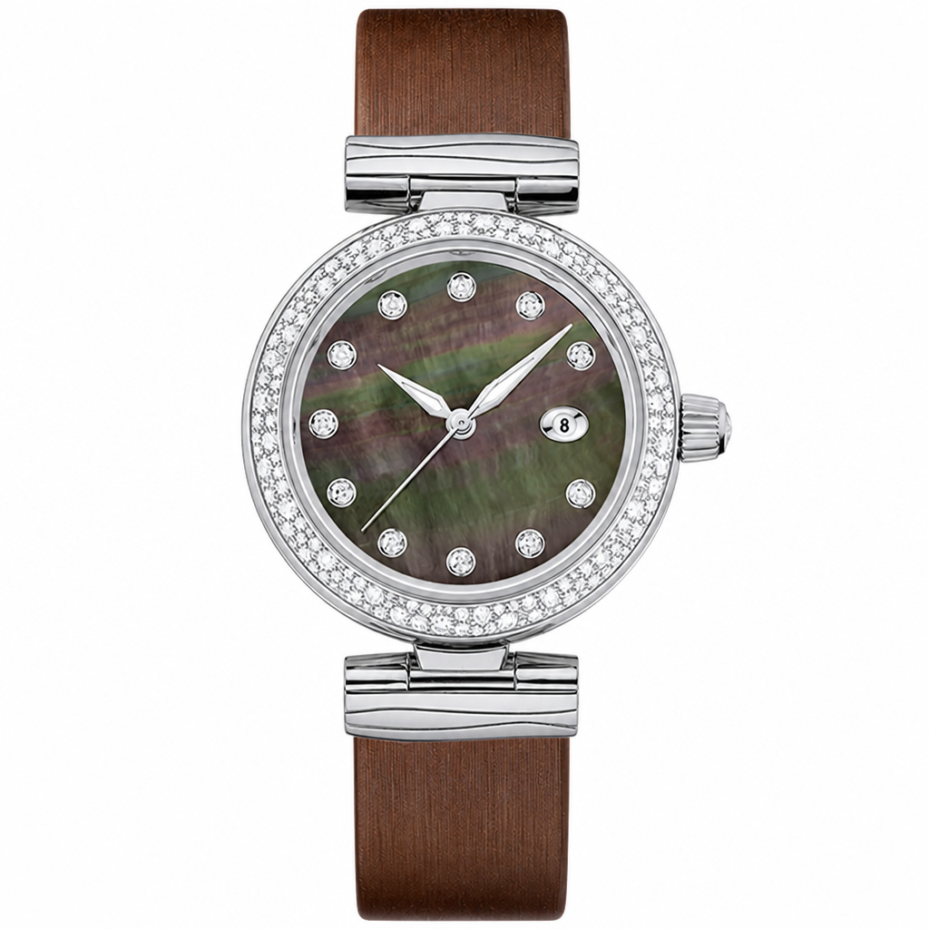 Women's dress watch with silver case, dark dial, and brown leather strap