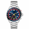 Racing chronograph watch with navy blue dial, red and yellow accents, and stainless steel bracelet