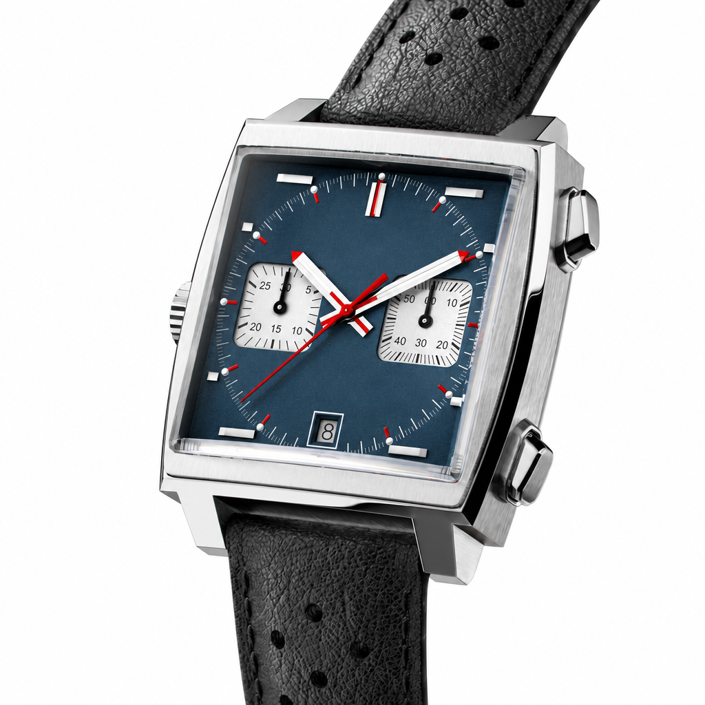 Chronograph racing style watch with blue dial and black perforated leather strap on white background
