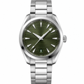 38mm watch with green dial and silver metal bracelet on white background