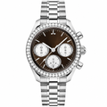 Chronograph watch with dark brown dial and silver-tone metal bracelet, 38mm case, on white background